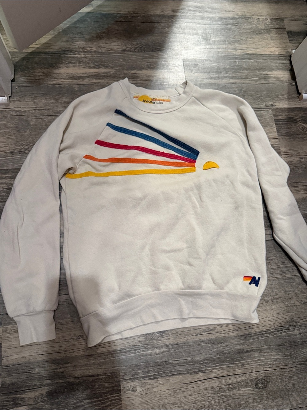 Aviator Nation White Crewneck with Multicolor Sunbeam Embroidery